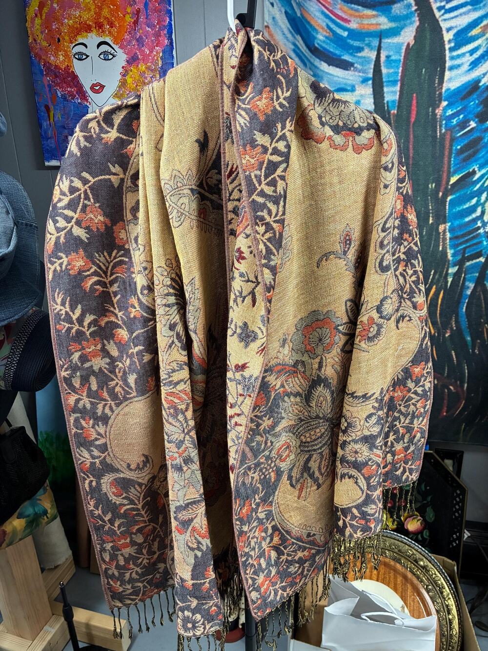Vintage Style Floral Tapestry wrap with Fringe | William Morris Inspired